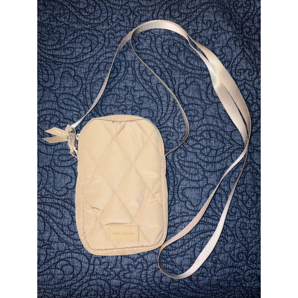 Vera Bradley Crossbody Bag Quilted Tan w/ Floral Lining Phone Pocket RFID Purse
